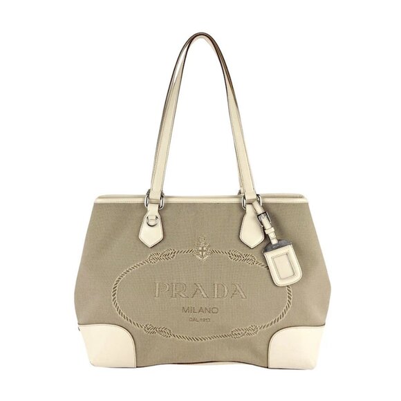 Auth PRADA Logo Soulder Bag Tote Bag Brown/Off White Canvas/Leather - Picture 1 of 13